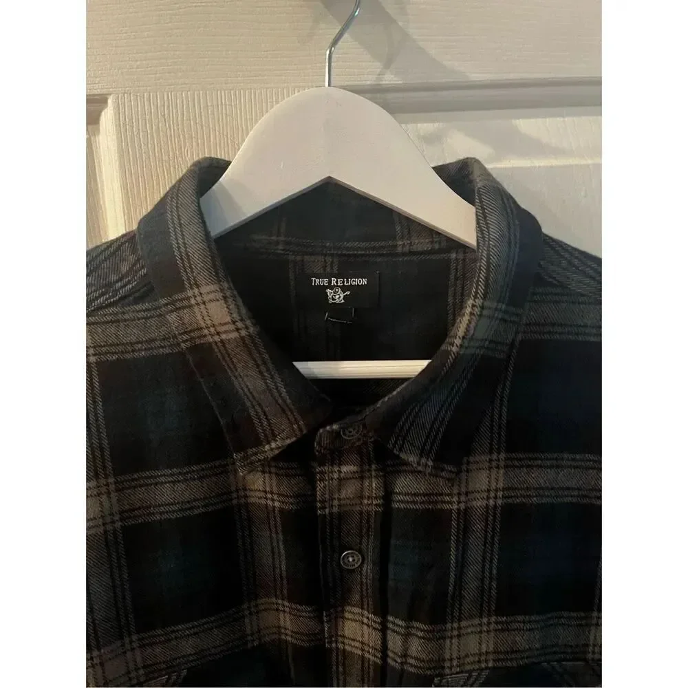 True Religion Triple Needle Plaid Blue Black Gray Flannel Button Down Shirt sz X